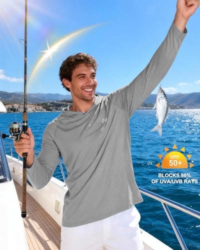 isnowood Men's Sun Protection Fishing Shirts, UPF 50+ Long Sleeve UV Hoodie, Hiking Swimming Hooded Rash Guard Lightweight Heather Grey - Thumbnail 3