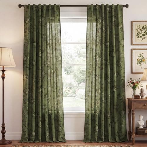 NICETOWN Forest Green 96" Floral Curtains Linen Vintage Drapes 2 Panels
