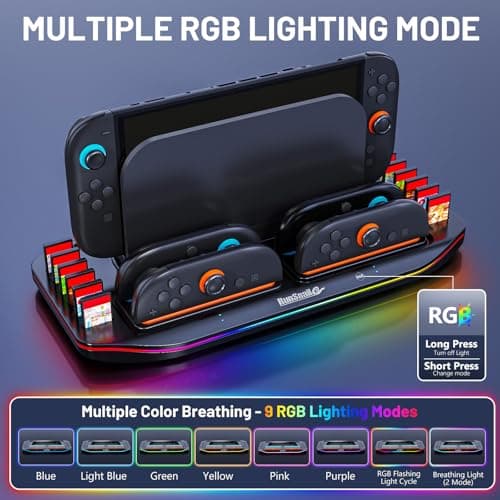 RunSnail Charging Dock for Nintendo Switch 2, Magnetic Fast Charger for 4 JoyCons with RGB Lighting, All-in-One Charging Station with 12 Game Card Storage Slots - Thumbnail 3