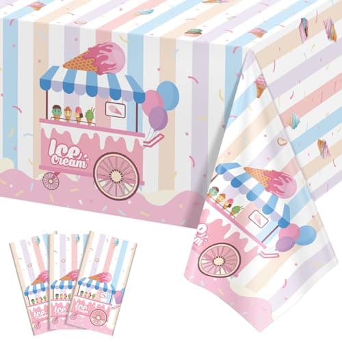 NatNarr 3 Pack Ice Cream Tablecloths Party Decorations, 54 x 108 Inch Disposable Ice Cream Birthday Themed Table Cloth Waterproof Rectangle Party Table Cover for Kids Sweet One Birthday Baby Shower