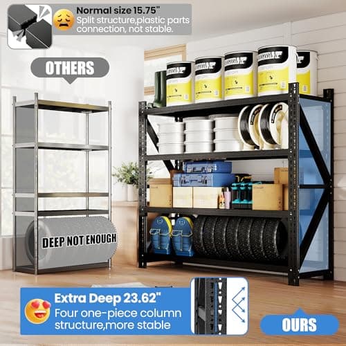BIZOEIRON Heavy Duty Garage Storage Shelves 5000LBS Capacity, 75" Wide Metal Garage Shelving Units, 4-Tier Large Industrial Shelving for Shop Warehouse Basement Factory, 75" W x 24" D x 69" H - Thumbnail 4