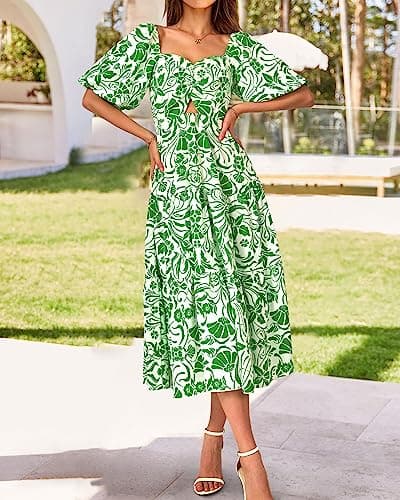 BTFBM Women's Clothing Spring Summer Dresses 2026 Beach Vacation Short Sleeve Smocked Back Boho Casual Floral Maxi Dress(Print Grass Green, Small) - Thumbnail 3