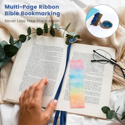 bibiage Velvet Bible Ribbon Bookmark, 5 Multi-Page Bible Bookmarks for Women & Men, 14 inch Ribbon Bookmark for Bible Study, Elegant Christian Gift with Moon Star Pendants, Blue - Thumbnail 3