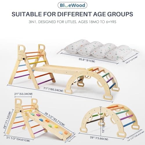 BlueWood Pikler Triangle Set with Cushion, 8-in-1 Foldable Wooden Toddler Climbing Toys Indoor Playground Jungle Gym Montessori Philosophy Climber for 2-6 Years Old, Baby, Kids (Rainbow) - Thumbnail 2