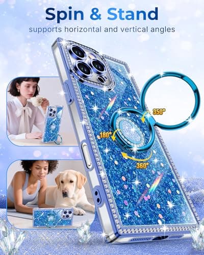 XYZ for iPhone 16 Pro Max Case, Glitter Bling Phone Cover with 2-Ring Heart Stand & Lanyard, Women Girls Luxury Rhinestone Shockproof Protective Case for iPhone 16 Pro Max, Blue - Thumbnail 2