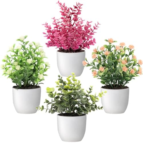 4 Pack Mini Potted Fake Plants, Realistic Artificial Eucalyptus Plants with Flowers, Small Faux Tree with White Pot, Artificial Plants for Home, Office, Desk, Shelf, Room, Bathroom, Farmhouse Decor