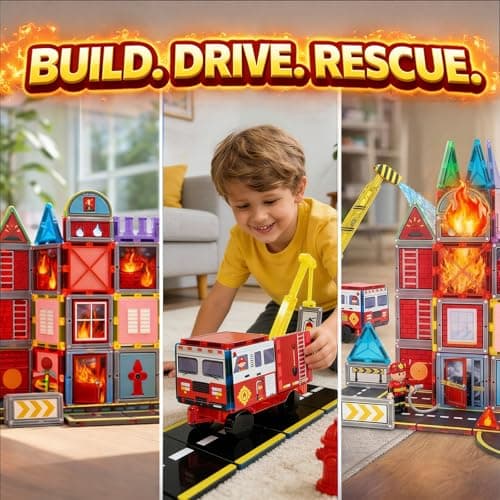 LATI Fire Rescue Magnetic Tiles for Kids,Double-Sided Fire & Rescue Blocks with Fire Truck, Station, Roads & Crane, STEM Magnetic Building Blocks for Boys & Girls Ages 3-8 - Thumbnail 3