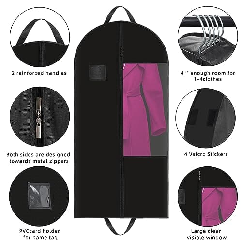 Stykontin Garment Bags for Hanging Clothes and Travel with 4" Gusseted, Suit Cover for Clothes,Coats,Suit,Jackets,Dress,Shirts,Skirt. (Black-50"-3pcs-Double zipper-Thickened 80G Non-woven Fabric) - Thumbnail 3