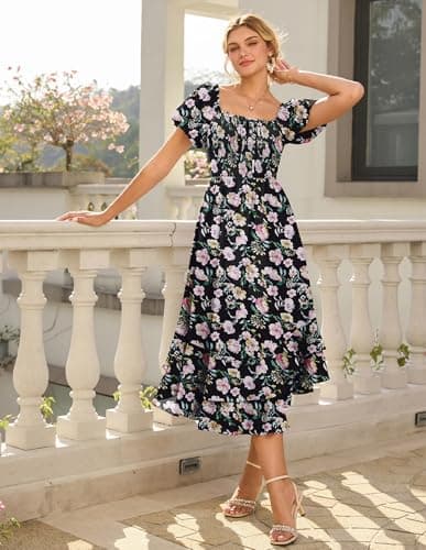 GRACE KARIN Womens Summer Floral Maxi Dress 2026 Flowy Wedding Guest Dress A Line Boho Dresses Fashion Clothing with Pockets Black Pink Floral XL - Thumbnail 2