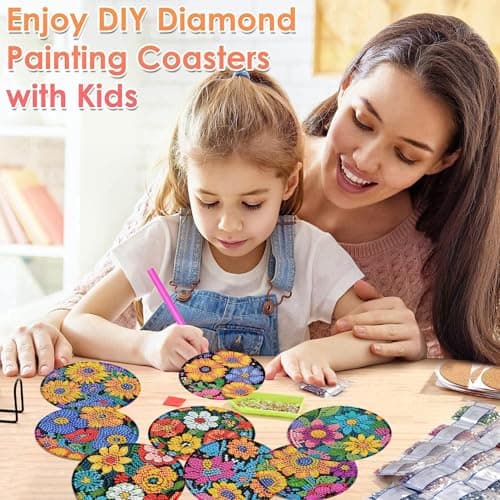 ijbnhd 8 Pcs Flowers Diamond Art Coasters with Holder-DIY Flowers Diamond Painting Coasters 5D Gem Art Coaster with Cork Pads for Adults (4X4inch) (Cork Wooden Pad) - Thumbnail 4
