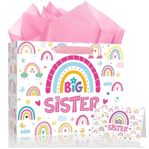 Big Sister Gift Bag Set - Large Pink Rainbow Gift Bags with Handle Big Sister Card Pink Envelope Wrapping Paper for Sisters Birthday Party Favor Bags for New Big Sister Announcement Girl Baby Shower Party Decor 12 Inch - Image 1