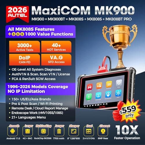 Autel MaxiCOM MK900 Bidirectional Scanner: 2026 Up of MaxiCheck MX808S MK808S, Work as MK900-BT MK900BT MX900 OBD2 Diagnostic Tool w/ 3000+ Active Test, 40+ Service, CAN-FD&DOIP, All System, FCA 11 OS - Thumbnail 2
