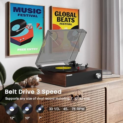 Bluetooth Vinyl Record Player with Speakers, Hi-Fi Belt-Drive Turntable for Vintage Music Lovers, 3-Speed Retro Record Player with Auto-Stop, Stable Tonearm & Premium Sound – Ideal Home Audio & Gifts - Thumbnail 5