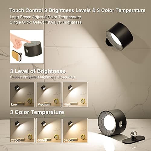 Deyagoo LED Wall Sconce, Wall Mounted Lamp with Rechargeable Battery Operated USB Port 3 Color Temperature & 3 Brightness Level 360°Rotate Magnetic Ball, Cordless Light for Reading Study Bedside - Thumbnail 2