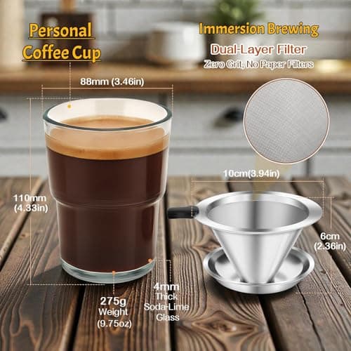 NANSPATH Single Serve Immersion Coffee Maker, Glass Pour Over Coffee Dripper with Reusable Stainless Steel Filter, Manual Coffee Brewer Cup for Home Office Travel-TMF - Thumbnail 2
