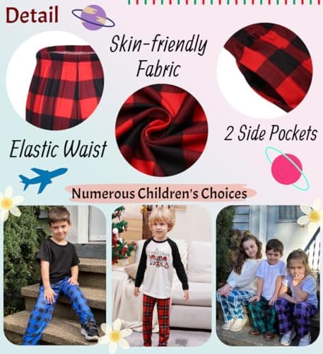 Ekouaer Boys Pajama Pants - Long Soft Elastic Waist Sleep Bottoms - Plaid Lounge Pants With 2 Pockets - Thumbnail 4