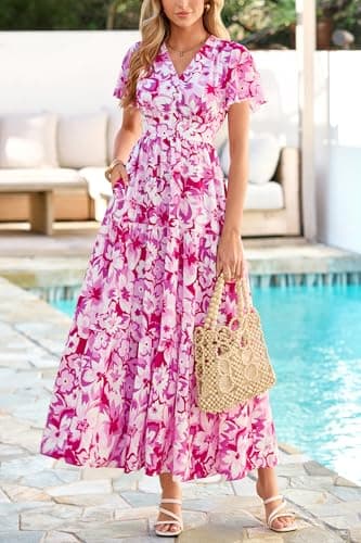 PRETTYGARDEN Women Summer Maxi Dresses 2026 Short Sleeve V Neck Button Floral Tiered Flowy Boho Sundress Beach Outfits(Floral White Rose Red,XX-Large) - Thumbnail 2