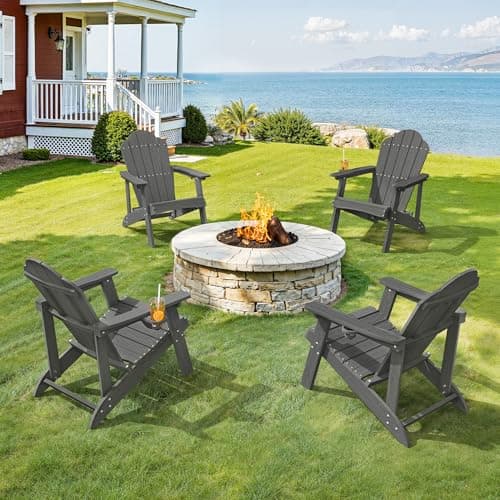LUE BONA Matte HDPE Adirondack Chairs Set of 4 - Weather Resistant Seating with Cup Holder for Patio, Fire Pit, Deck & Cafe Patio, Dark Gray - Image 1