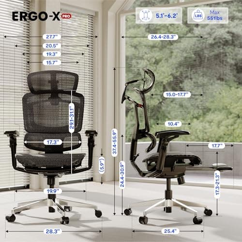 FLEXISPOT ErgoX-PRO Ergonomic Office Chair with Footrest Black – AeroWeave 5.0 Mesh Seat, 5D Lumbar, 7D Armrests, 4D Headrest, 551LBS Capacity – Office, Gaming, Home - Thumbnail 2