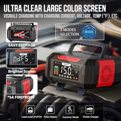 NEXPEAK 15A Battery Charger, Trickle Charger 12V/24V Car Battery Charger 9-Stage Smart LiFePO4 Charger Battery Maintainer w/Overcharge Protection Pulse Repair for Car Truck Motorcycle Lawn Mower - Thumbnail 4