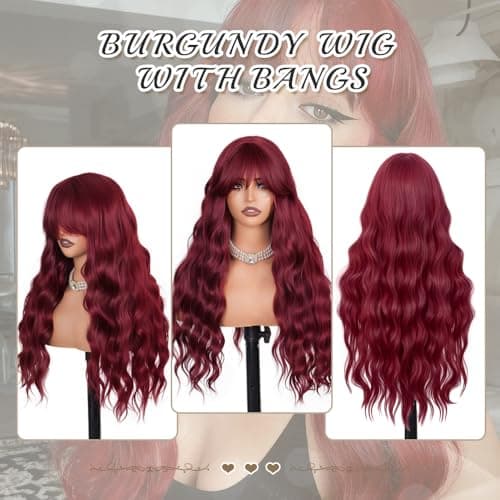Potoki Long Wavy Burgundy Wig With Bangs Heat Resistant Synthetic Wigs For Women 26 Inch Free Soft Body Wave Red Wig With Natural Appearance Suitable For Beginners Festival Holiday Use - Thumbnail 5