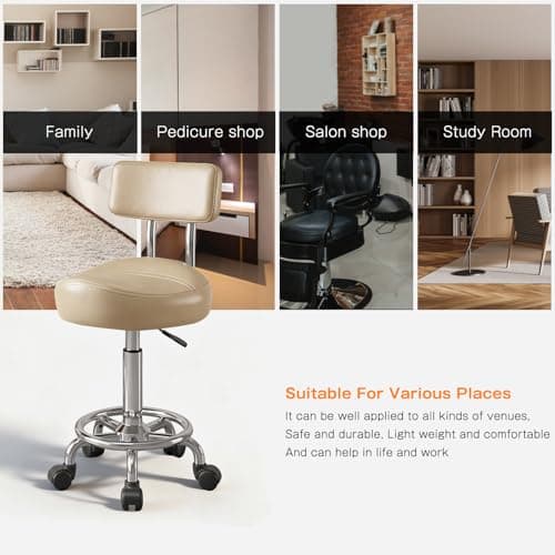 Walktory Vanity Chair with Back Small Armless Office Chair with Wheels and Footrest, PU Leather Adjustable Height Swivel Chair for Bedroom, Home Office Khaki - Thumbnail 5