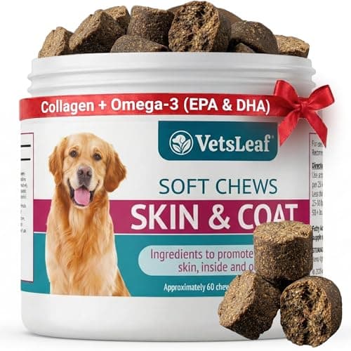 VetsLeaf Skin & Coat Dog Chews – Collagen, Omega-3, EPA & DHA for Skin Health & Coat Shine – Antioxidant-Rich Supplement with Vitamin A & D3 – Supports Brain, Energy, and Balanced Blood Sugar - Image 1