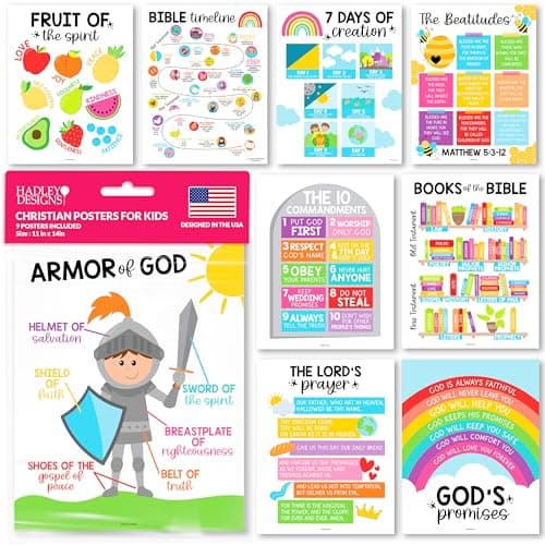 Hadley Designs Sunday School Decorations for Classroom –9 Bible Posters for Kids, Books of the Bible, 10 Commandments, Bible Timeline Chart, Fruits of the Spirit, Rainbow Christian Classroom Decor - Image 1