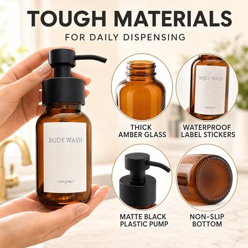 2 Pcs Amber Glass Foaming Soap Dispenser with Pump - 8.5 Oz Stylish Foaming Soap Dispenser Glass with Durable Plastic Pump for Bathroom or Kitchen Use - Non-Slip Bottom, 6 Waterproof Label Stickers - Thumbnail 3