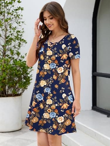 KORSIS Women's 2026 Trendy Dresses Summer Casual T-Shirt Short Sleeve Criss Cross V Neck Swing Teacher Pettite Maternity Flroal Dress with Pockets (S-2XL) - Thumbnail 5