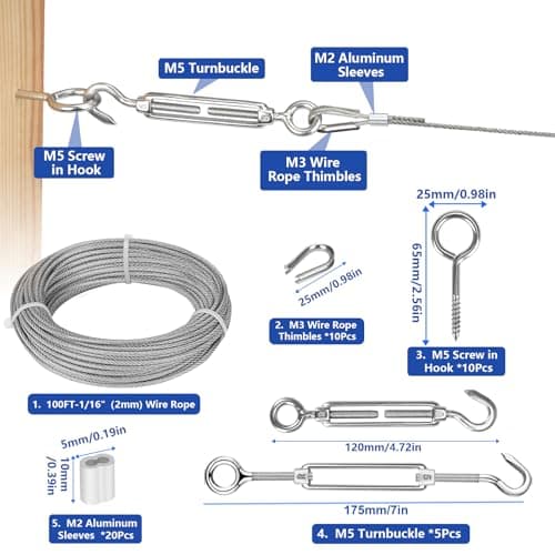 TooTaci Turnbuckle Wire Tensioner Kit, 100ft 1/16 Vinyl Coated Stainless Steel Wire Rope Cable with M5 Turnbuckles for Curtain, Garden Trellis, Picture, String Lights Hanging, Climbing Plants Outdoor - Thumbnail 3