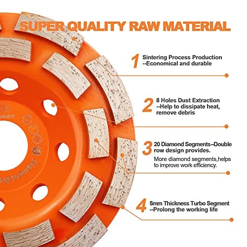 Concrete Diamond Grinding Cup Wheel,BRSCHNITT 5 inch Angle Grinder Diamond Double Row Cutting Wheel for Grinding/Polishing/Cleaning Surface Grinding Granite, Concrete,Stone,Cement,Marble,Rock (125mm) - Thumbnail 4