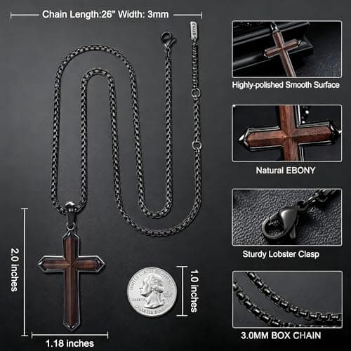 GTMJ Wooden Cross Necklace for Men Christianity Cross Necklace with Adjustable Box Chain 24-26 Inches Religious Jewelry Father Day Gifts for Men - Thumbnail 3