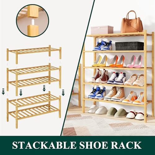 Smiry Shoe Rack, 3 Tier Bamboo Shoe Organizer, Stackable Free Standing Wooden Shoe Storage Shelf for Closet, Entryway, Front Door Entrance, Natural - Thumbnail 4