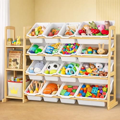 Etitlly Kids Toy Storage Organizer with Bookshelf – Wooden Shelf with 16 Bins & 3 Shelves, Quick Assembly Storage Rack for Playroom, Bedroom, Nursery - White - Image 1