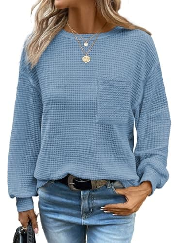 Dokotoo Women's Fashion Clothing Clothes Womens Tops 2026 Spring Long Sleeve Tops Waffle Top for Women Crewneck Sweaters Trendy T Shirts Casual Womens Basic Shirts Dusk Blue - Image 1