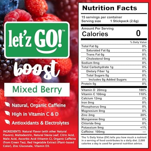 Let'z Go Clean Energy Drink Mix – Natural Caffeine Packets, Vitamins C + D, Electrolytes, Sugar-Free, Zero Calories | Anytime Energy | 15 Count (Mixed Berry) - Thumbnail 2