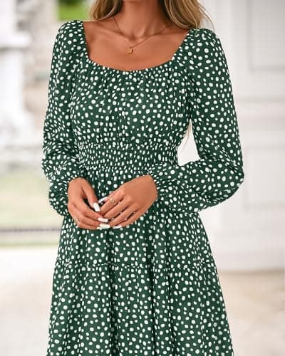 BTFBM Long Sleeve Dress for Women 2026 Spring Fall Boho Floral Square Neck Casual Flowy Long Wedding Guest Maxi Dresses(Polka Dot Green, Large) - Thumbnail 6