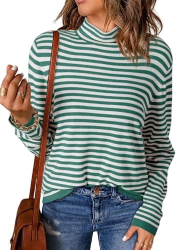 Dokotoo Womens Sweaters Spring Long Sleeve Turtleneck Sweater Casual Green Stripe Lightweight Knit Pullover Sweaters for Women Fashion 2026 Jumpers Tops Small - Image 1