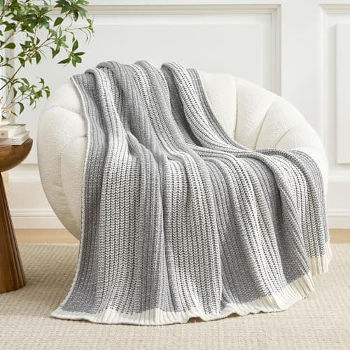 Amélie Home Premium Chenille Throw Blanket, Soft Cozy Luxury Two-Tone Knit Blanket for Couch, Sofa, Chair, Home Decor, Grey & Ivory 50"x60" - Thumbnail 3