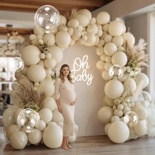White Sand Balloons Double Stuffed White Beige Cream Ivory Balloons Clear Bobo Balloon Garland Arch Kit 18/12/5 Inch for Birthday Wedding Baby Shower Gender Reveal Party Decorations - Thumbnail 2