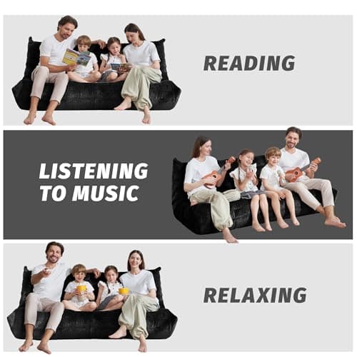 Homguava Bean Bag Chair, Giant Beanbag Chairs for Adults, Memory Foam Fireside Chair, Large Lazy Floor Sofa, Sofa Couch with High-Rebound Foam, Lounge Chair for Living Room, Bedroom (Black, 3-Seater) - Thumbnail 5