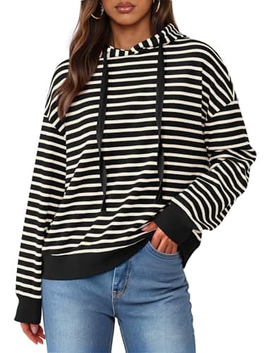 KIRUNDO Sweatshirt For Women Casual Loose Striped Long Sleeve Drawstring Hoodie Pullover Hooded Tops Fashion Clothing(Black, XX-Large)