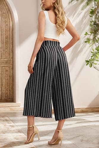 IWOLLENCE Women Flowy Loose Wide Leg Pant Summer Beach Casual Trousers high Waist Adjustable Knot Business Work Casual Pants Bohemian Stripes Small - Thumbnail 3