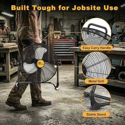 CREPOW 12" Portable Cordless Fan Compatible with Dewalt 20V Max Battery, Battery Powered Floor Fans with AC Adapter, USB & Type-C Charging, Stepless Speed Fan for Jobsite Garage Shop(No Battery) - Thumbnail 6