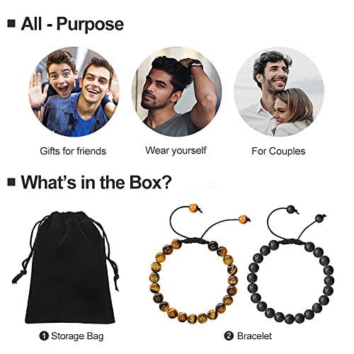 M MOOHAM Beaded Bracelet for Men Gifts - Lava Rock Stone Tiger Eye Bracelet Adjustable Men Birthday Unique Gifts - Thumbnail 3