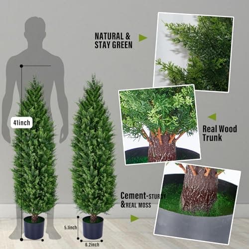 Artificial Cedar Topiary Trees, Set of 2 Lifelike Faux Pruned Cypress with Heavy-Duty Planters – UV-Resistant Outdoor Artificial Shrubs for Indoor/Outdoor Decor (40 Inches) - Thumbnail 5