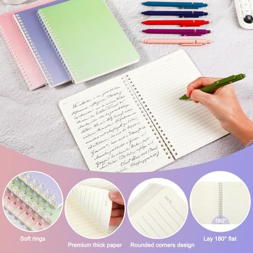 Niodel 9 Pcs Spiral Notebooks, 3 Gradient Colors (Pink/Green/Blue), A5 7mm College Ruled 120 Pages Journals for School Work Travel, Durable PP Cover with Soft Silicone Coil & Rounded Edges - Thumbnail 5