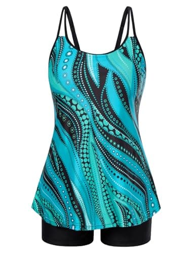 Hanna Nikole Plus Size Swimsuit for Women Push Up Swimming Suits U Neck Padded Swim Top with Shorts Blue Ripples 24W