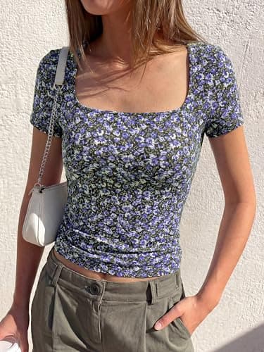 BTFBM Floral Square Neck Tops for Women 2026 Trendy Summer Outfits Short Sleeve Shirts Boho Top Beach Vacation Clothes(Black Purple Flower, Small) - Thumbnail 2